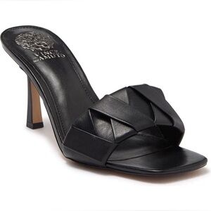 Vince Camuto Endonta Black Leather Pintucked Braided Stiletto Heel Sandals